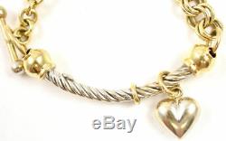 14K Two Toned Cable Bar Rolo Link Heart Toggle Charm Bracelet 7