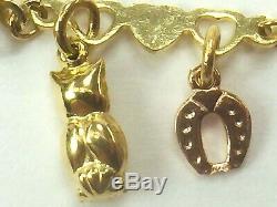 14K two tone gold seven dangle charms necklace heart bar. 17 1/4.5.9gm