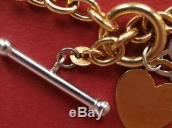 9ct 375 yellow white gold 18 T-bar bracelet with heart charms 7.80 grams
