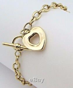 9ct 9Carat Yellow Gold Heart T-Bar Belcher Link Bracelet 8.00 Inches UK Marked
