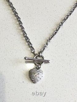 9ct White Gold Oval Link T Bar Necklace with Diamond Heart Pendant, Hallmarked