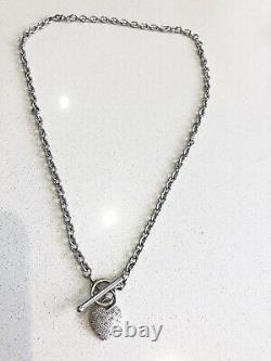 9ct White Gold Oval Link T Bar Necklace with Diamond Heart Pendant, Hallmarked