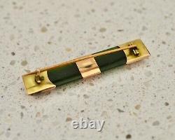 Antique 9ct 375 solid rose gold Nephrite Jade NZ hand engraved bar brooch pin