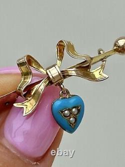 Antique Bow Top Blue Enamel and Pearl Heart Gold Bar Brooch