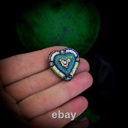 Antique Victorian Micro Mosaic Heart Floral Gold Gilt Brooch Pin