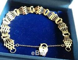 Bracelet 9 Ct Gold 5 Bar Gate Bracelet With Locking Heart/security Chain, Pretty
