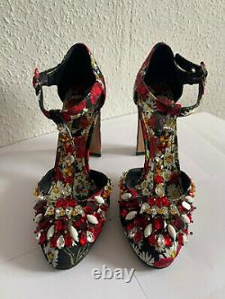 DOLCE & GABBANA Embroidered Floral Print Crystal T-bar Pumps Shoes IT37.5 UK4.5