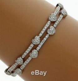 Diamond double row heart bar bracelet 18K white gold round brilliant 4.50C 22.9G