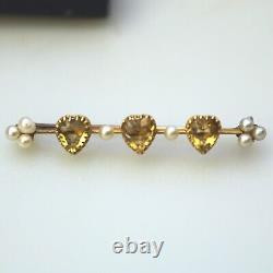 Fine Edwardian 15ct gold novelty bar brooch 3 heart shaped yellow topaz C. 1901+