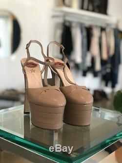 GUCCI Angel Nude Beige VE Leather Stacked T-Bar Mary Jane Platform Pumps 37/7