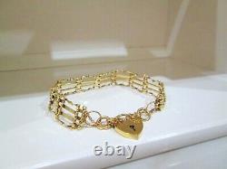 Heavy 1970s 9ct Solid Yellow Gold Heart Padlock Gate Bar Chain Bracelet 1976 9k