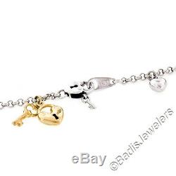 Italian 14K TT Gold Key Lock Charm Cable Link with Heart Sided Bar Ankle Bracelet
