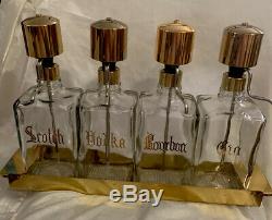 Liquor Decanter Bar 4 Crystal with Brass Pump Dispensers & Brass Tray, Vintage
