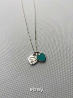 Near MINT TIFFANY & Co Return to Mini Double Heart Necklace Enamel Blue No Box