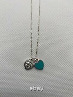 Near MINT TIFFANY & Co Return to Mini Double Heart Necklace Enamel Blue No Box