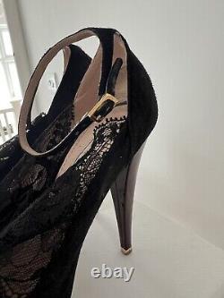 Nina Ricci Lace Suede Black Platform Court Pump Heels T-bar Ankle Straps