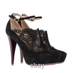 Nina Ricci Lace Suede Black Platform Court Pump Heels T-bar Ankle Straps