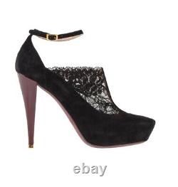 Nina Ricci Lace Suede Black Platform Court Pump Heels T-bar Ankle Straps