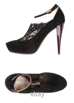 Nina Ricci Lace Suede Black Platform Court Pump Heels T-bar Ankle Straps