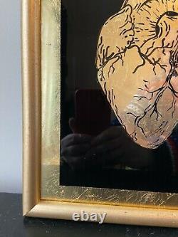 Original Reverse painted Glass Gold heart Sign Distressed Tattoo Anatomy Bar