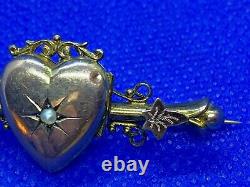 Rare 9 Carat Gold Edwardian Heart Shaped Locket Bar Brooch 1907 4.27 grams