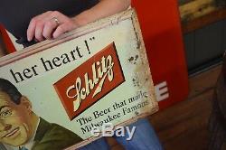 Schlitz Beer Bless Her Heart Tin Over Cardboard Bar topper Original Sign RARE