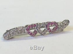 Solid 18ct White Gold Diamond & Pink Sapphire Heart Design Bar Brooch