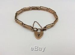 VINTAGE 9ct GOLD 3 BAR GATE BRACELET WITH HEART SHAPED PADLOCK AND SAFETY CHAIN