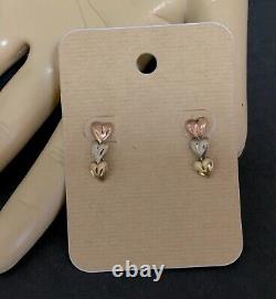 VTG 14K Tri-Color Gold Triple Heart Post Dangle-Drop Earrings, 4g, Delicate