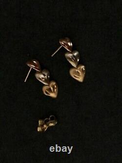 VTG 14K Tri-Color Gold Triple Heart Post Dangle-Drop Earrings, 4g, Delicate