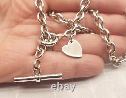 Vintage 925 Solid Sterling Silver Heart Charm and T-Bar Chunky Chain Necklace