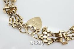 Vintage 9Ct Gold 7'' Four Bar Gate Bracelet With Heart Padlock, 5g