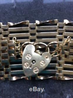 Vintage 9ct Gold Gate 10 Bar Link Heart Padlock Bracelet with safety chain 23g