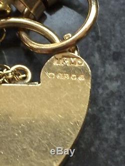 Vintage 9ct Gold Gate 10 Bar Link Heart Padlock Bracelet with safety chain 23g