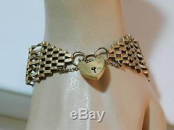 Vintage 9ct Gold Wide 7 bar Gate Bracelet 7.5 Heart Lock Safety Chain 12c 89