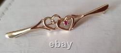 Vintage 9ct Solid Yellow Gold Bar Brooch Featuring 2 Hearts Diamond & Ruby