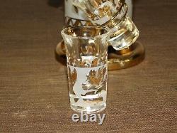 Vintage Bar Gold Leaf 6 Whiskey Shot Glass Pump Decanter