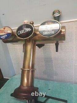 Vintage Brass T bar 3 beer pump with Tetleys/Carling/John Smith