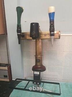 Vintage Brass T bar 3 beer pump with Tetleys/Carling/John Smith